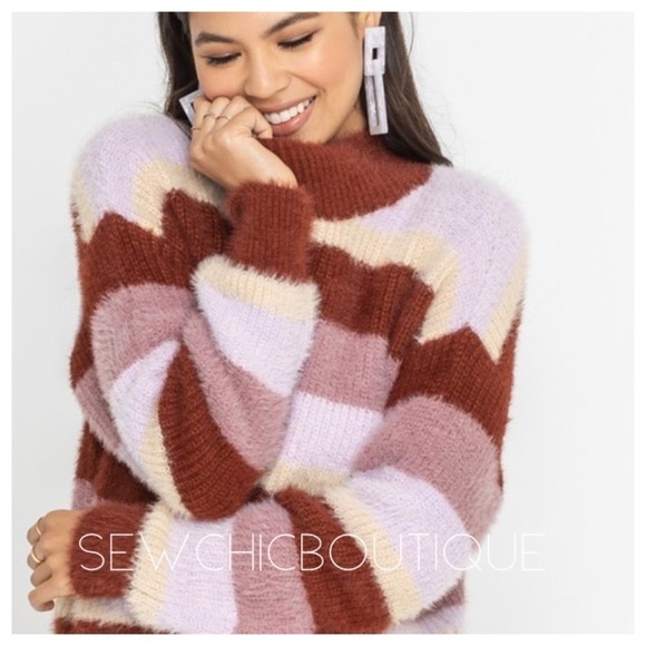 Mock Neck Fuzzy Striped Knit Sweater - Picture 1 of 8